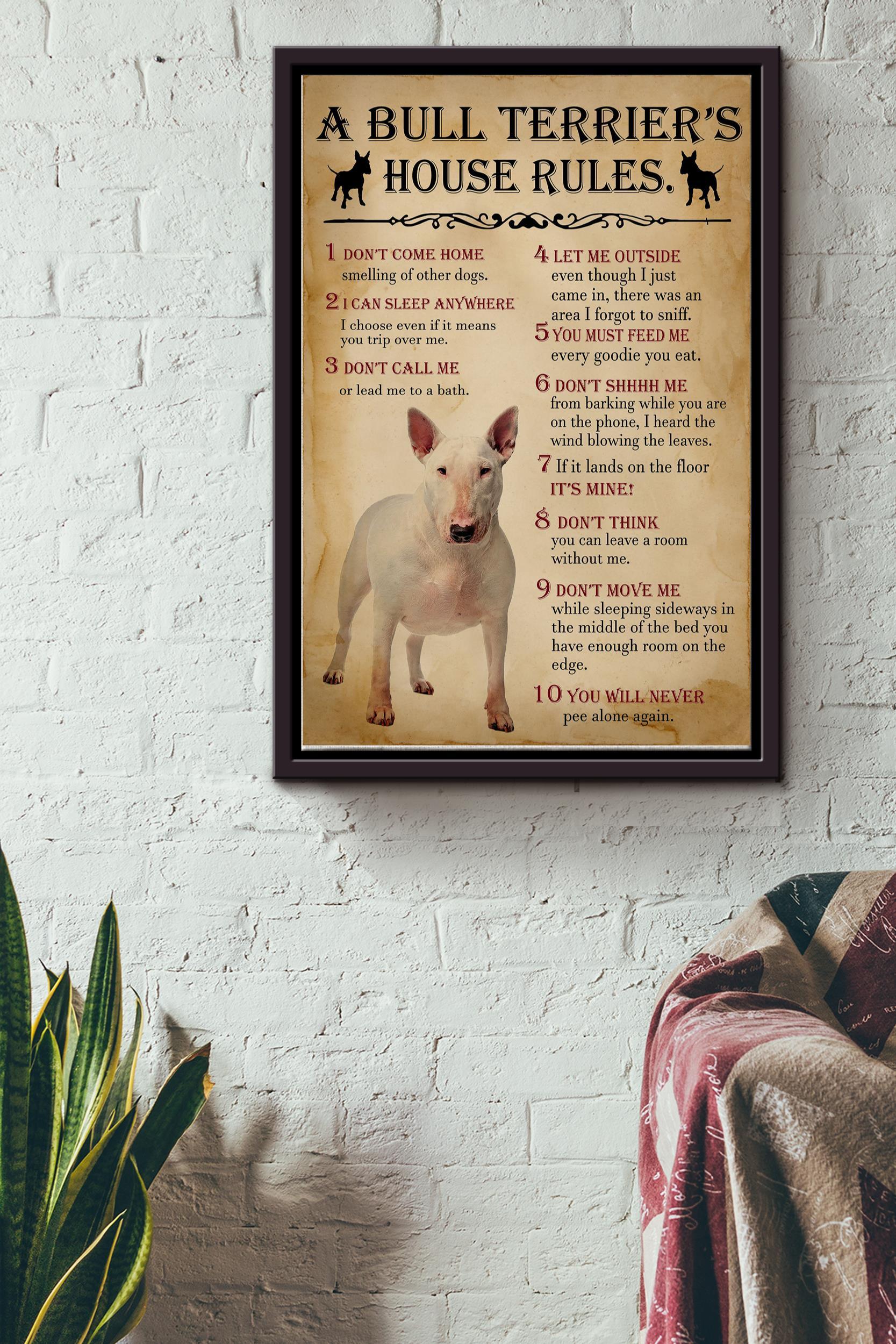 A Bull Terrier House Rules Poster – Animals Wall Art – Gift For Dog Lovers Puppy Fan Dog Foster Kids Children Room Dog Cafe Framed Matte Canvas