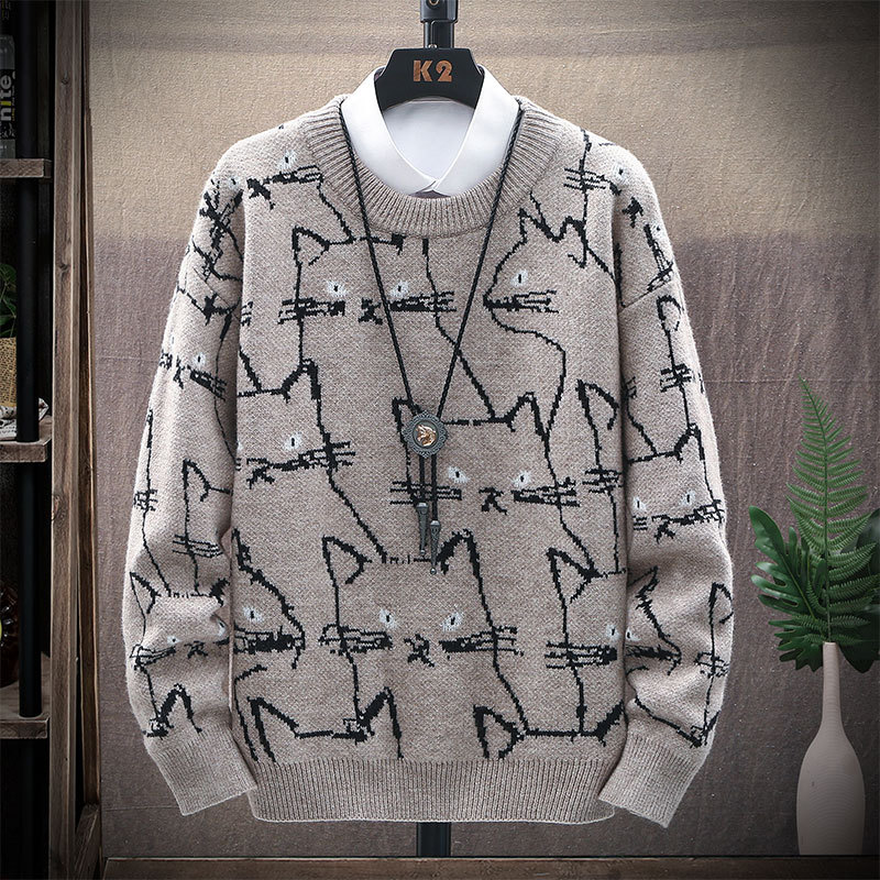 Winter Men Casual Sweaters Cute Cat Pattern Trendy Slim Sweaters Mens O-neck Long Sleeve Woolen Warm Pullovers 2022 Men Clothing alx