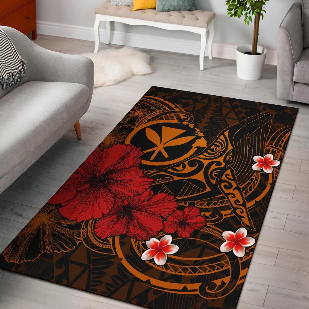 Pacific Hawaii  Kanaka Maoli Area Rug – Humpback Whale with Hibiscus (Golden) – BN15