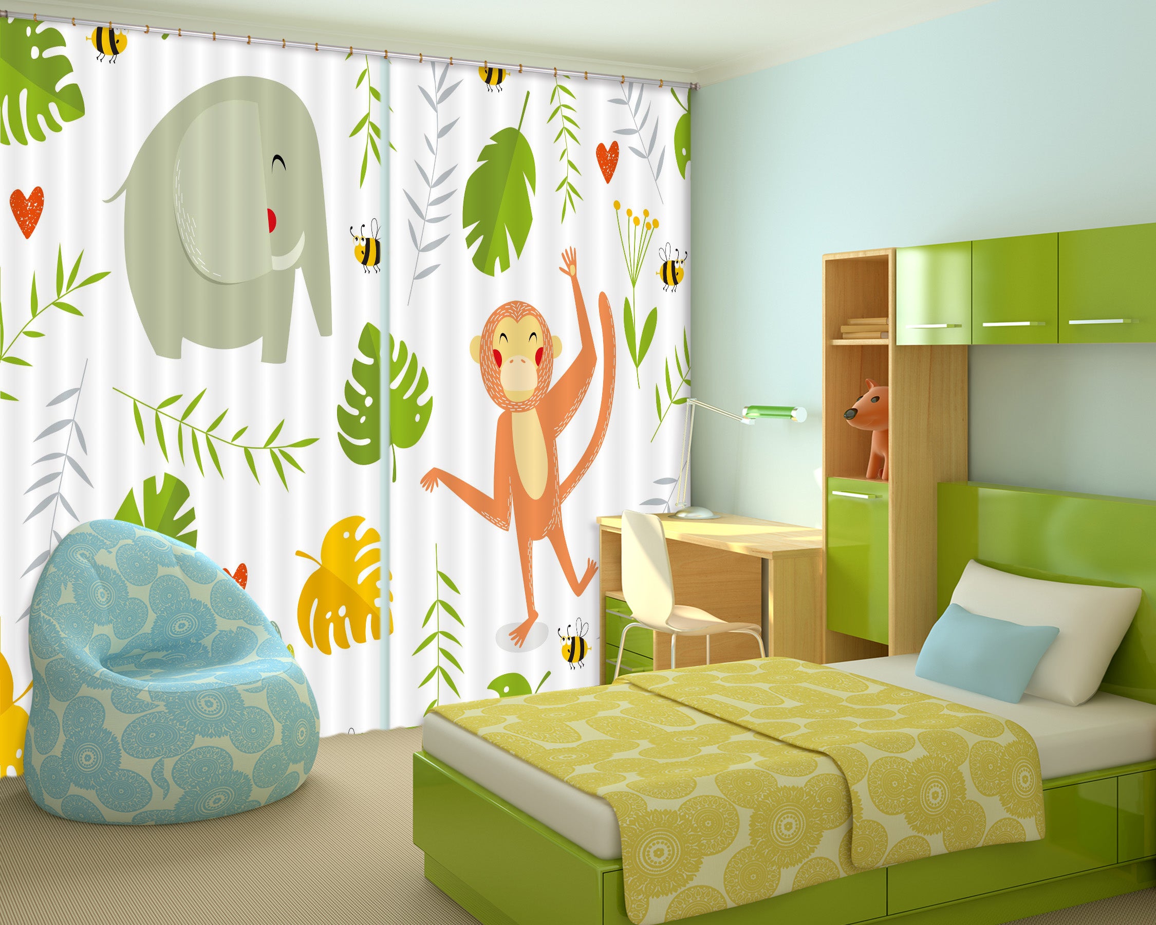 3D Cartoon Elephant Monkey Leaves Curtains And Drapes Lqh A617