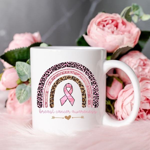 Breast Cancer Awareness Pink Ribbon Leopard Rainbow With Arrow And Heart Breast Cancer White Mug