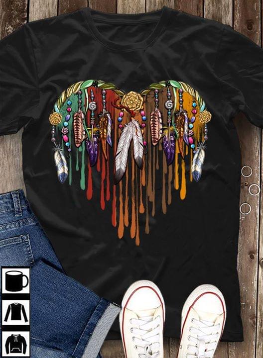 Native American Dreamcatcher Heart Shape Dripping Art Style Cotton T-Shirt