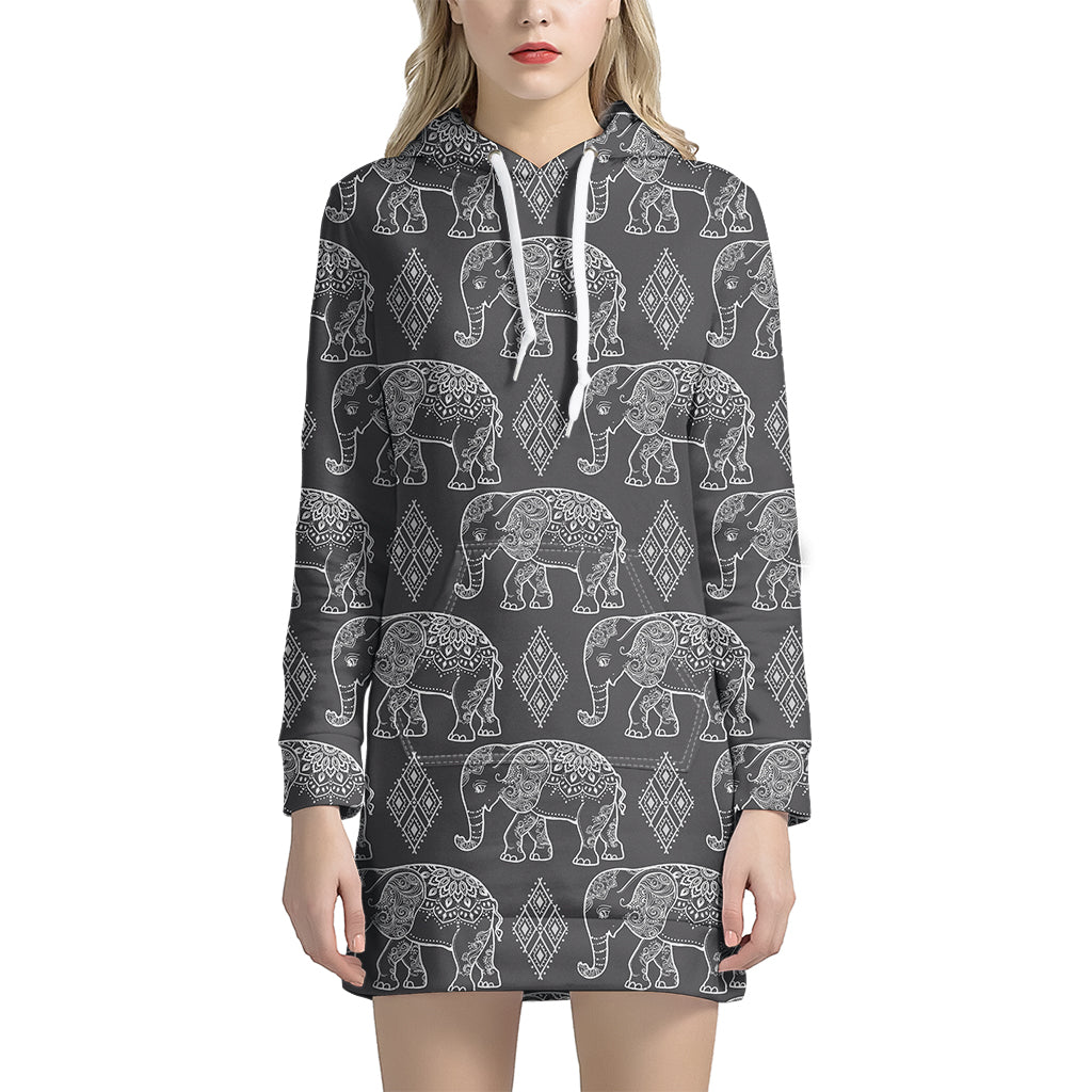 White And Grey Indian Elephant Print Women’S Pullover Hoodie Dress