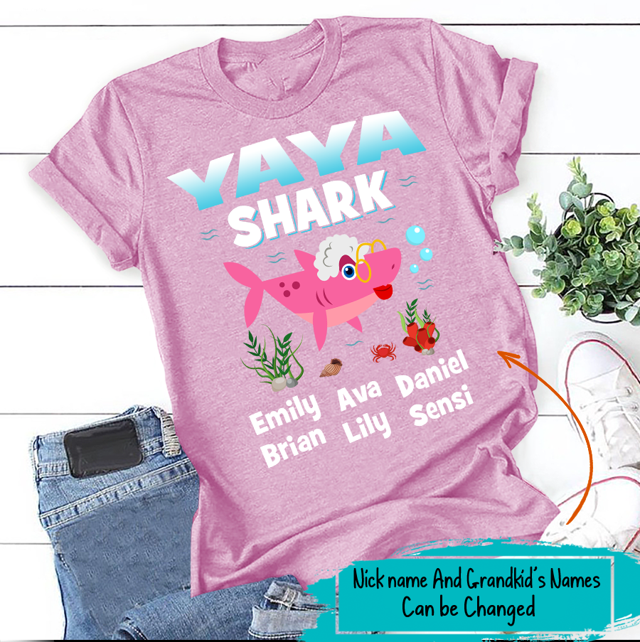 Apayprint – Yaya, Nana, Gammie, Mimi, Gigi- Shark, Grandkid’s Name | Personalized T-Shirt, S – 5XL, White Grey Pink Blue Black