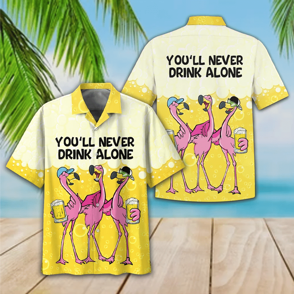 Flamingo Drink Beer Never Alone Print Short Sleeve Hawaii Casual Shirt Ha13758