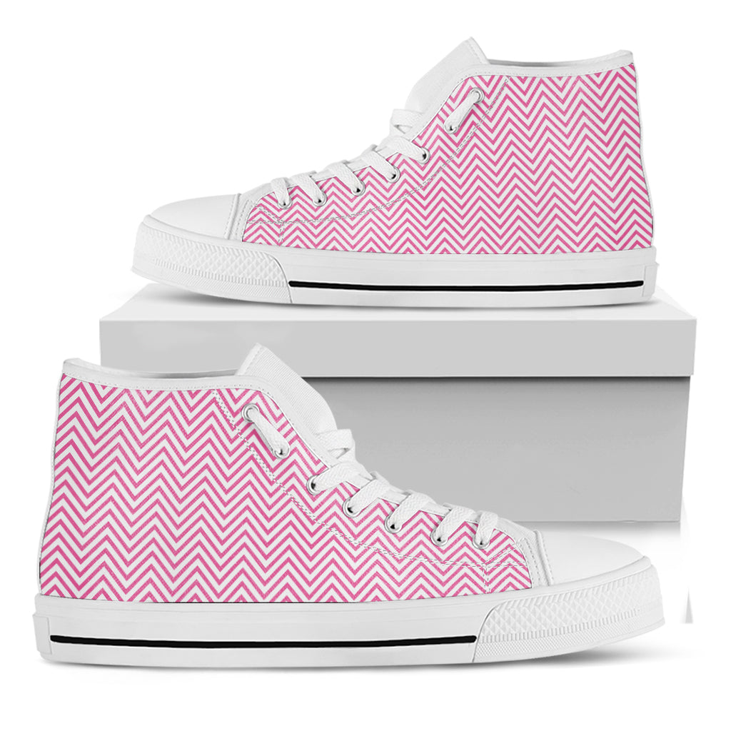 White And Pink Zigzag Pattern Print White High Top Shoes