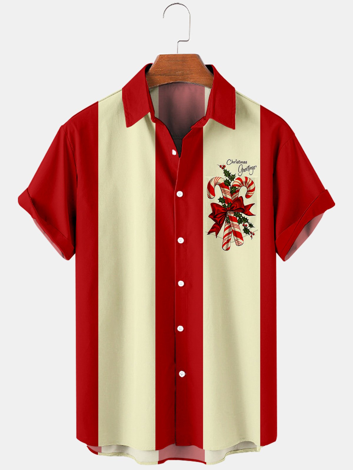 Men’S Vintage Christmas Cane Stick Candy Short Sleeve Shirt