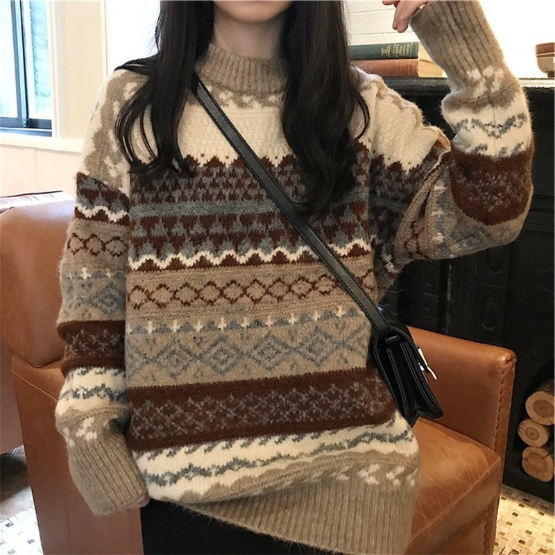 Vintage Sweater Women Knitted Pullovers Winter Striped Jumper Casual Oversized Sweaters Ladies Long Sleeve Knitwear Warm Tops alx