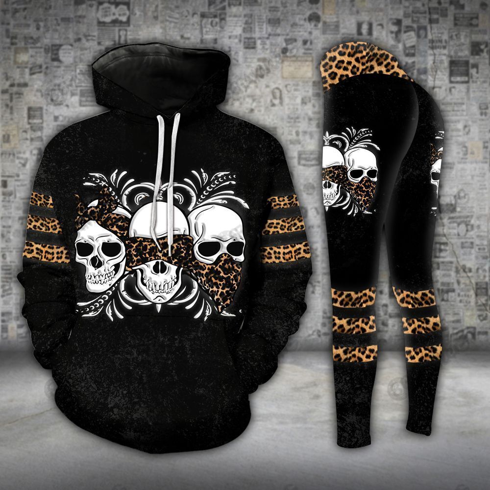 Skull Trio Hear See Speak No Evil Leopard Legging and Hoodie Set