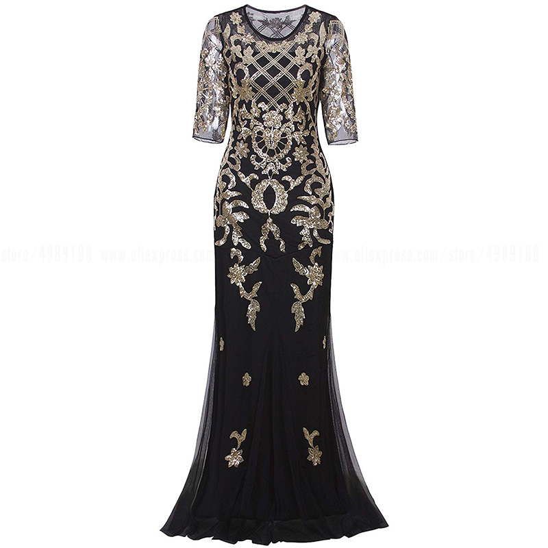 Vintage 1920s Great Gatsby Long Party Dresses 2/3 Sleeve Sequin Beaded Flapper Cocktail Party Plus Size Formal Gown alx