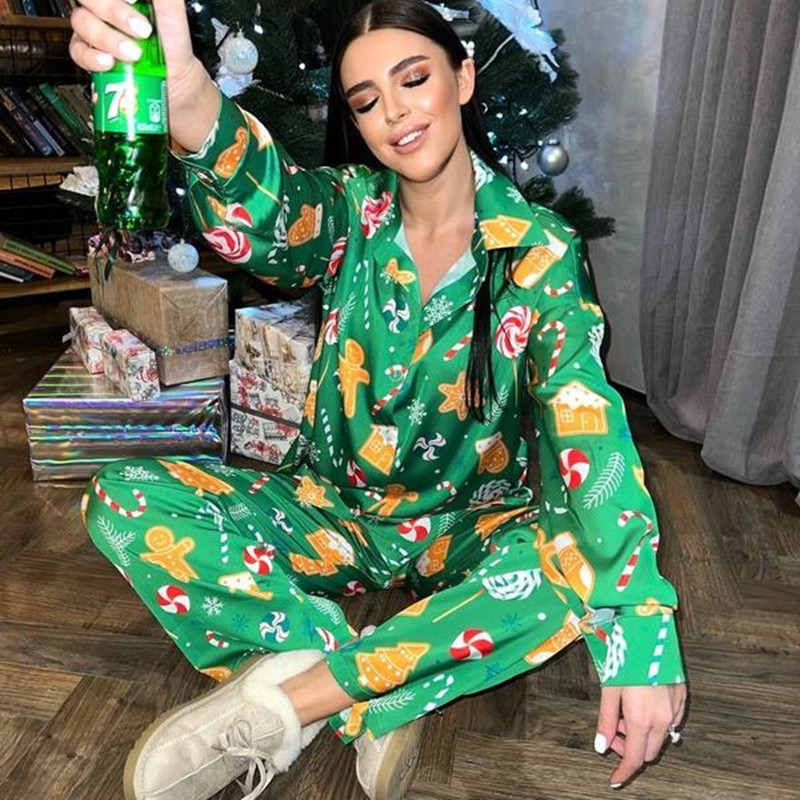 Autumn Winter Women Long Sleeve Pajamas Set Loose Lapel Blouse Shirt Homesuit Casual Print Christmas Sleepwear 2 Piece Suit 2022 alx