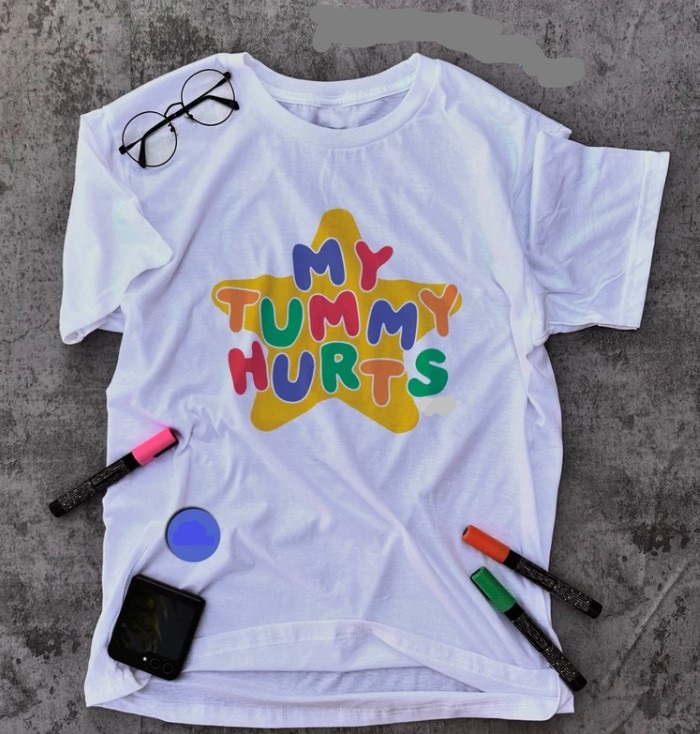 My Tummy Hurts Colorful Tee Shirt Outfit