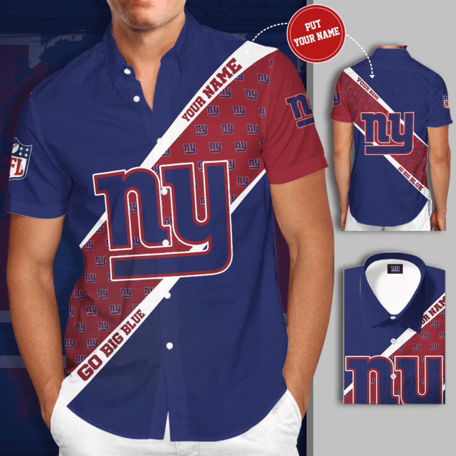 Personalized New York Giants Big Logo Go Big Blue All Over Print 3D Short Sleeve Dress Shirt Hawaiian Summer Aloha Beach Shirt – Navy Red