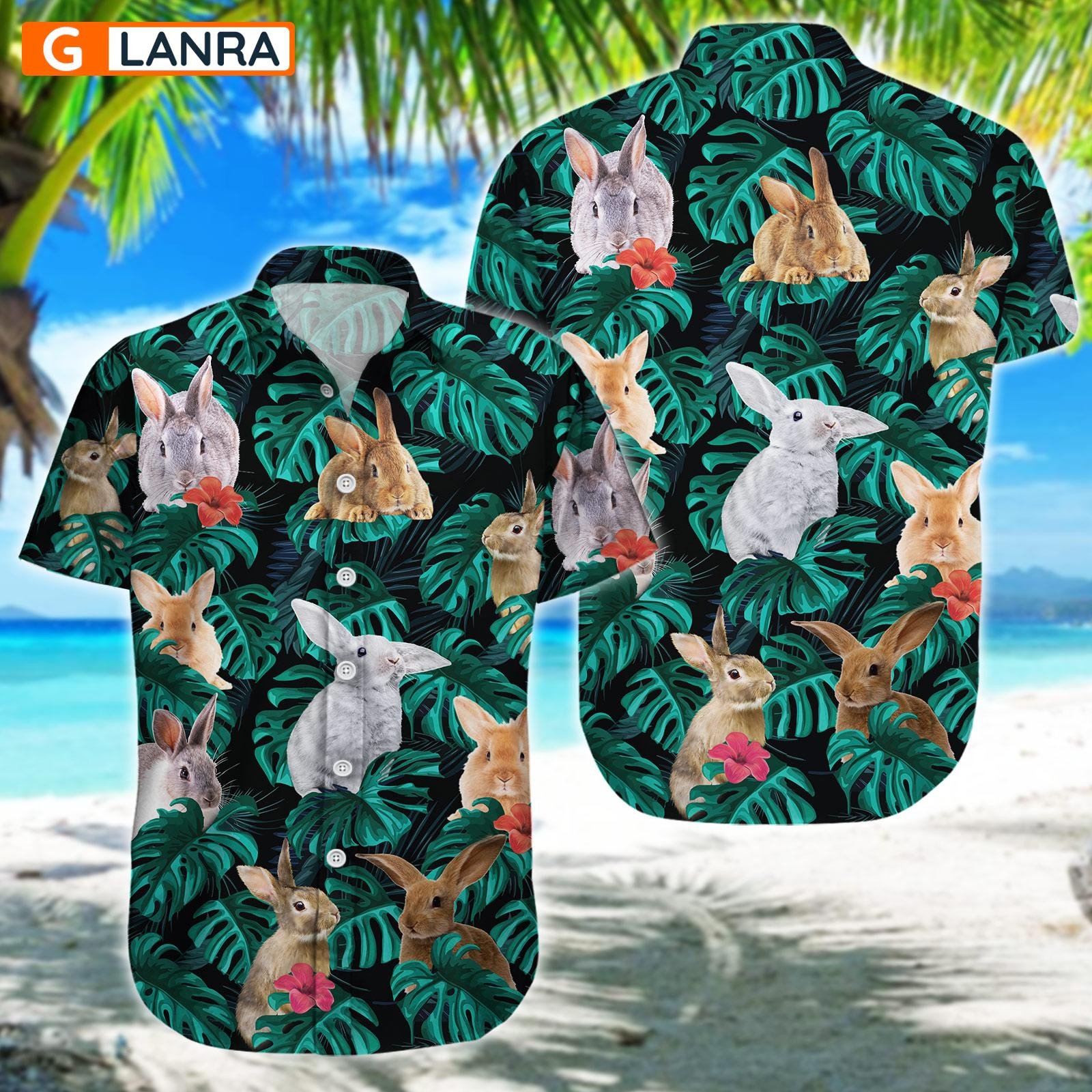 Rabbit Palm Leaves Flower Button Shirt, Rabbit Button Shirt, Summer Rabbit Hawaiian Shirt, Rabbit Leaf Hawaiian Shirt, Summer Tropical Shirt