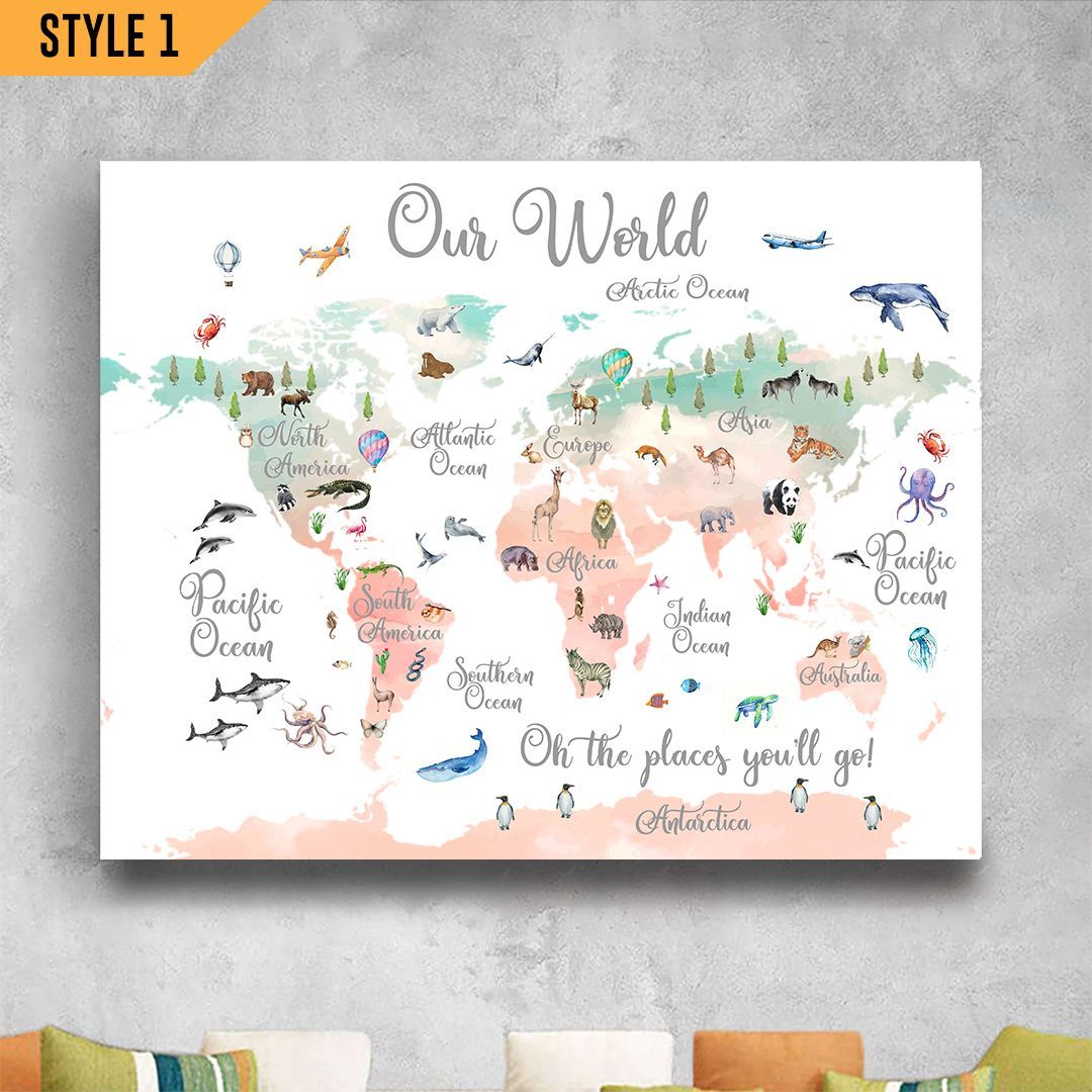 Animal World Map Multicolor To Animal Lover Horizontal Canvas Wall Art Home Decor