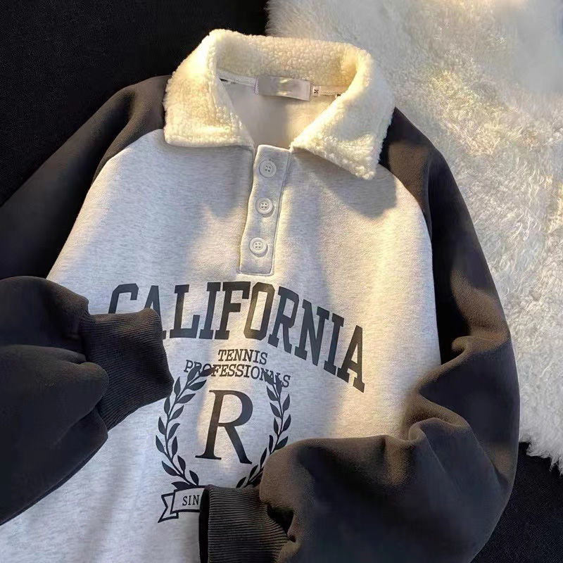 Vintage Polo Collar Letter California Print Oversized Sweatshirt Women for Teen Loose Harajuku Winter American Hoodies Pullovers alx