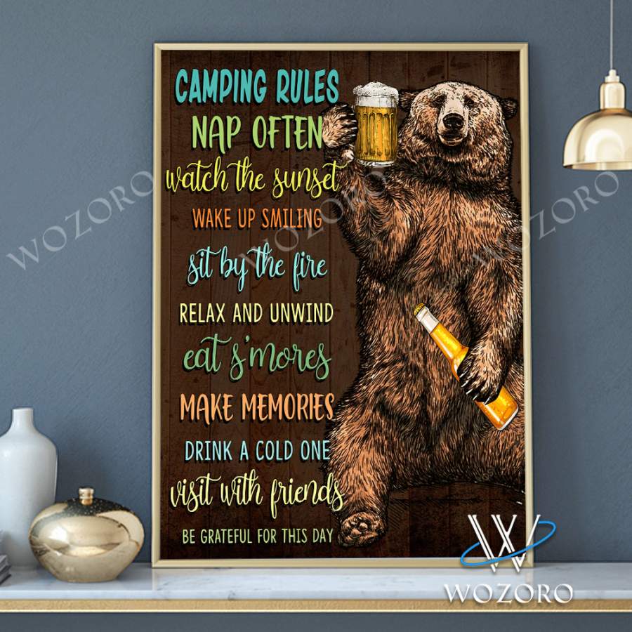 Wozoro Unframed Poster Wall Art Home Decor Camping Rules Nap Often Watch The Sunset Wake Up Smiling Sit By The Fire Relax And Unwind Eat S'mores Make Memories Drink A Cold One Visit With Friends Be Grateful For This Day Size 11×17, 16×24, 24×36 inch