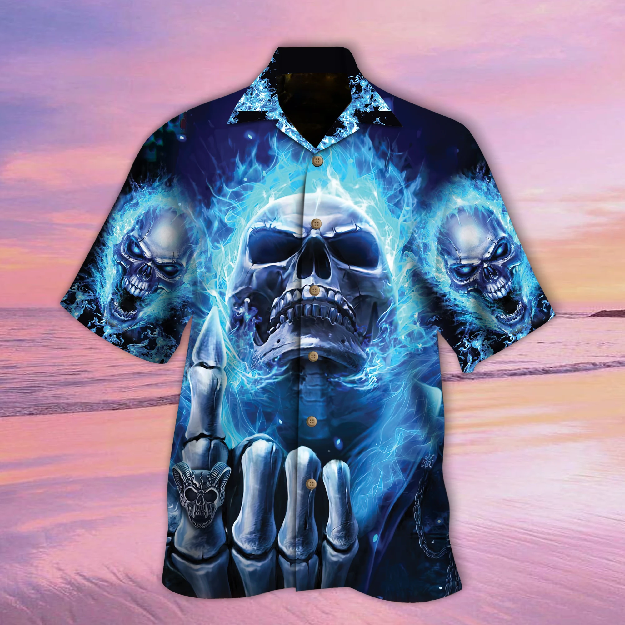 Cool Blue Fire Skull Printed Hawaii Shirt Ha1871