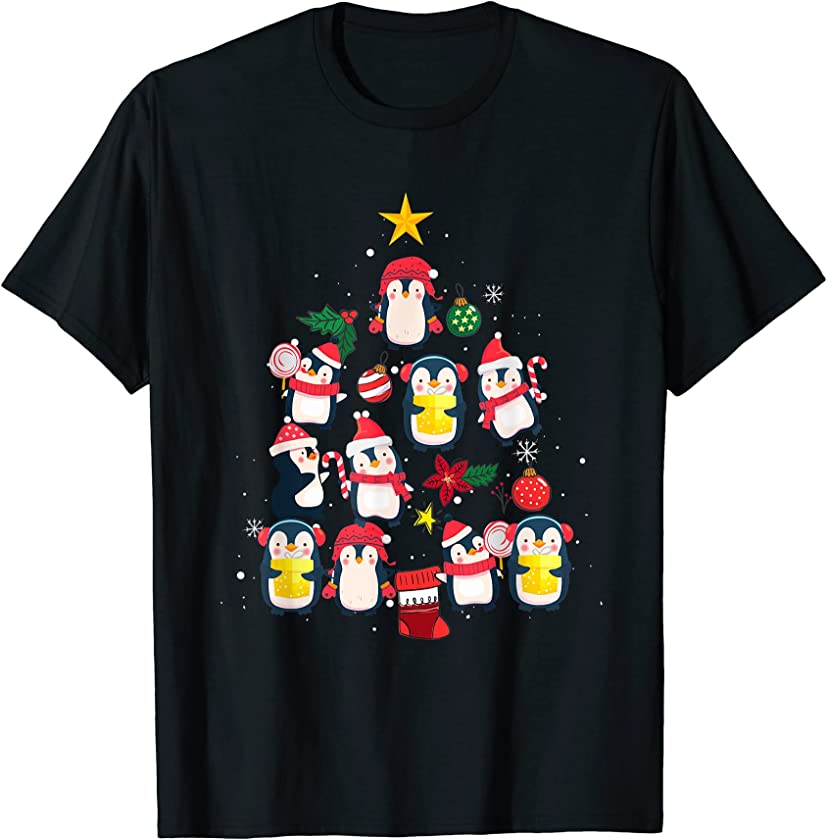 Penguin Christmas Tree Santa Hat Ornaments Decor Funny Xmas T-Shirt