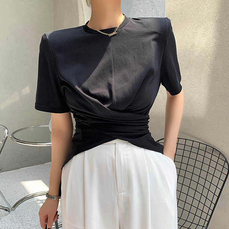 2022 New Summer Solid Cross Women’s T-Shirts Short Sleeve O-Neck Front Split Bottoming Minimalist Shirts Chic Long Tops Female alx