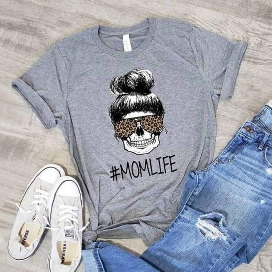 Mom Life Leopard Print Skeleton Graphic T-shirt