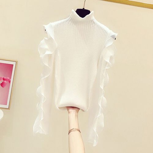 2022 Autumn Winter New Ruffled Sleeve Off-Shoulder Turtleneck Sweater for Women Slim Sweaters Elastic Knitwear Ladies Knit Tops alx