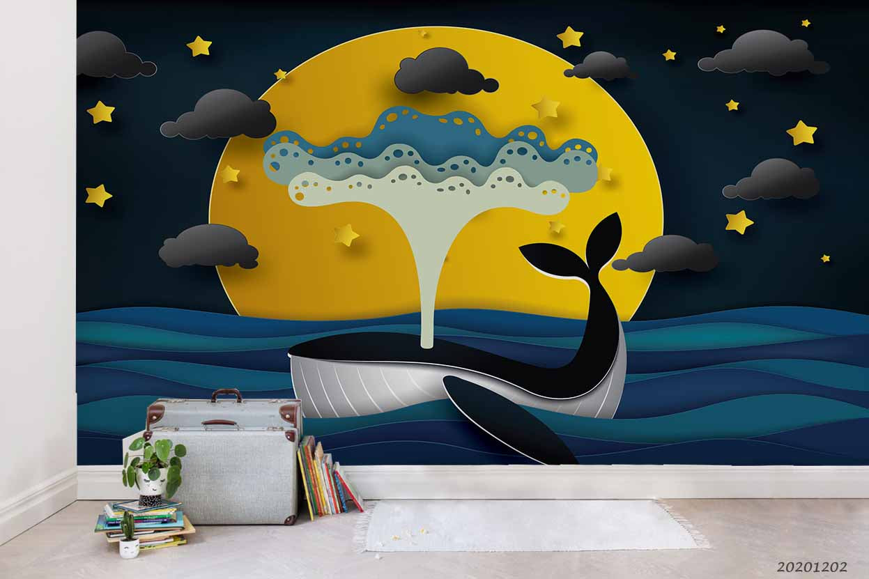 3D Cartoon Hand Drawn Full Yellow Moon Star Cloud Ocean Whale Fish Wall Mural Wallpaper Lxl