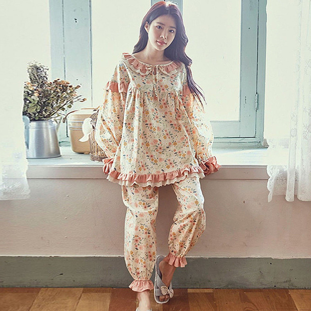 Women Cute Floral Lace Pajama Sets.Vintage Ladies Girl’s Long sleeve Princess Pyjamas Set.Flowers Sleep Loungewear Nightclothes alx