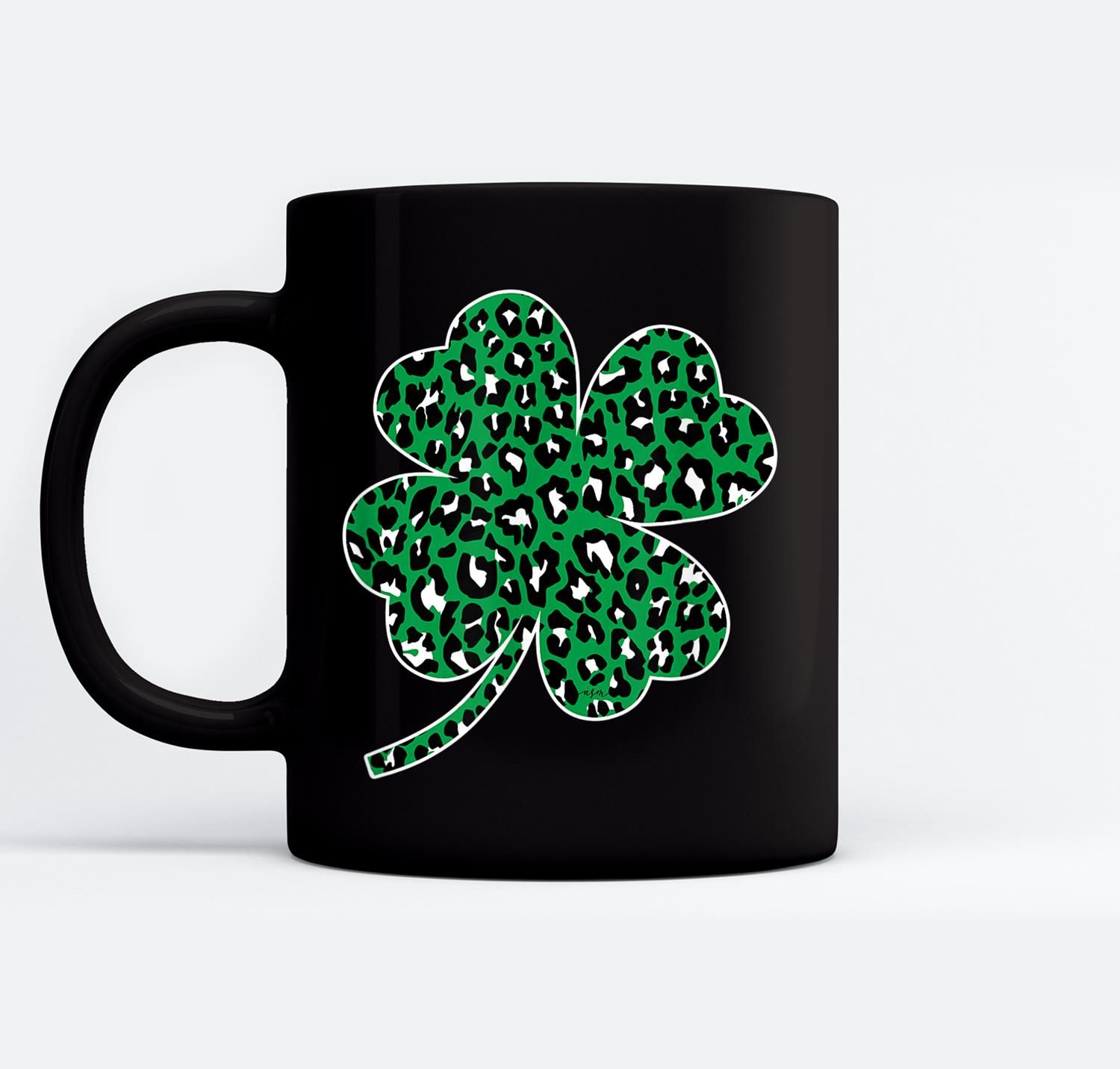 Green Leopard Clover Lucky Leaf St Patricks Day ASM Black Mugs