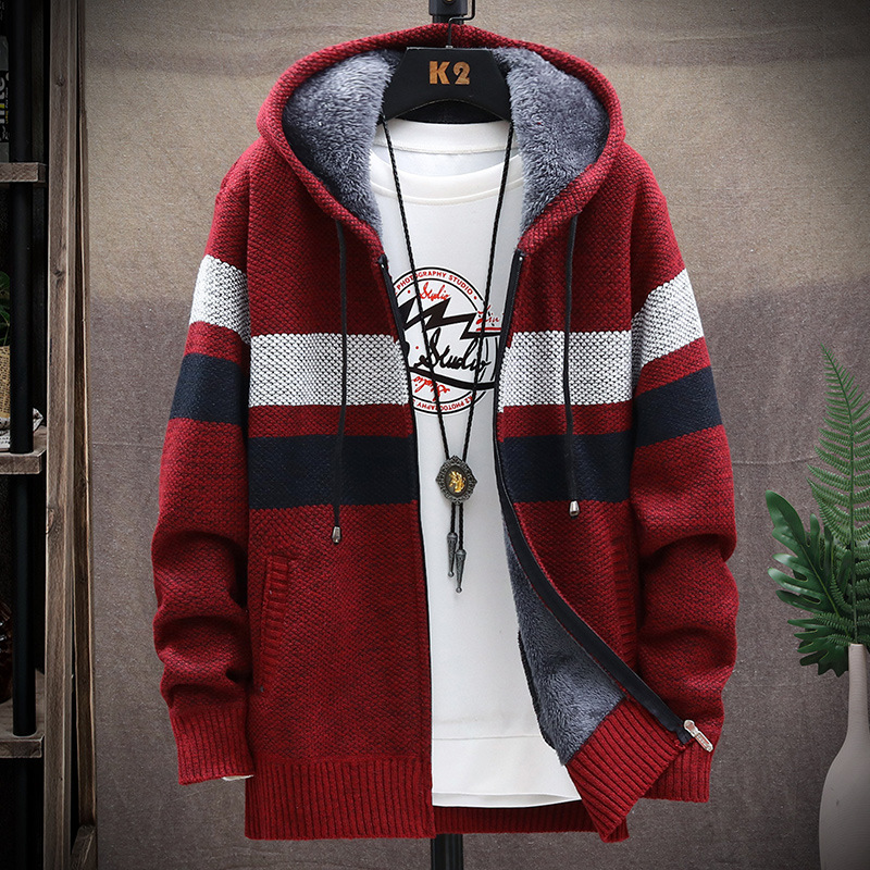 Winter Fleece Warm Sweater Men Hooded Cardigan Mens Striped Patchwork Slim Sweaters Coat Knitted Men’s Christmas Jumper Jackets alx