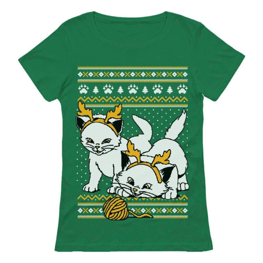 Cats with Reindeer Antler Headband Ugly Christmas Women T-Shirt