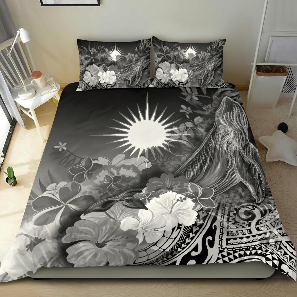 Alohawaii Bedding Set – Cover And Pillow Cases Marshall Islands – Humpback Whale With Tropical Flowers (White)- Bn18