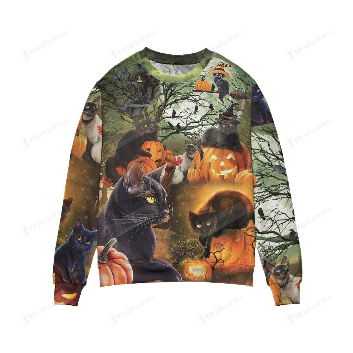 Black Cat & The Pumpkin Halloween Ugly Christmas Sweater, All Over Print Sweatshirt