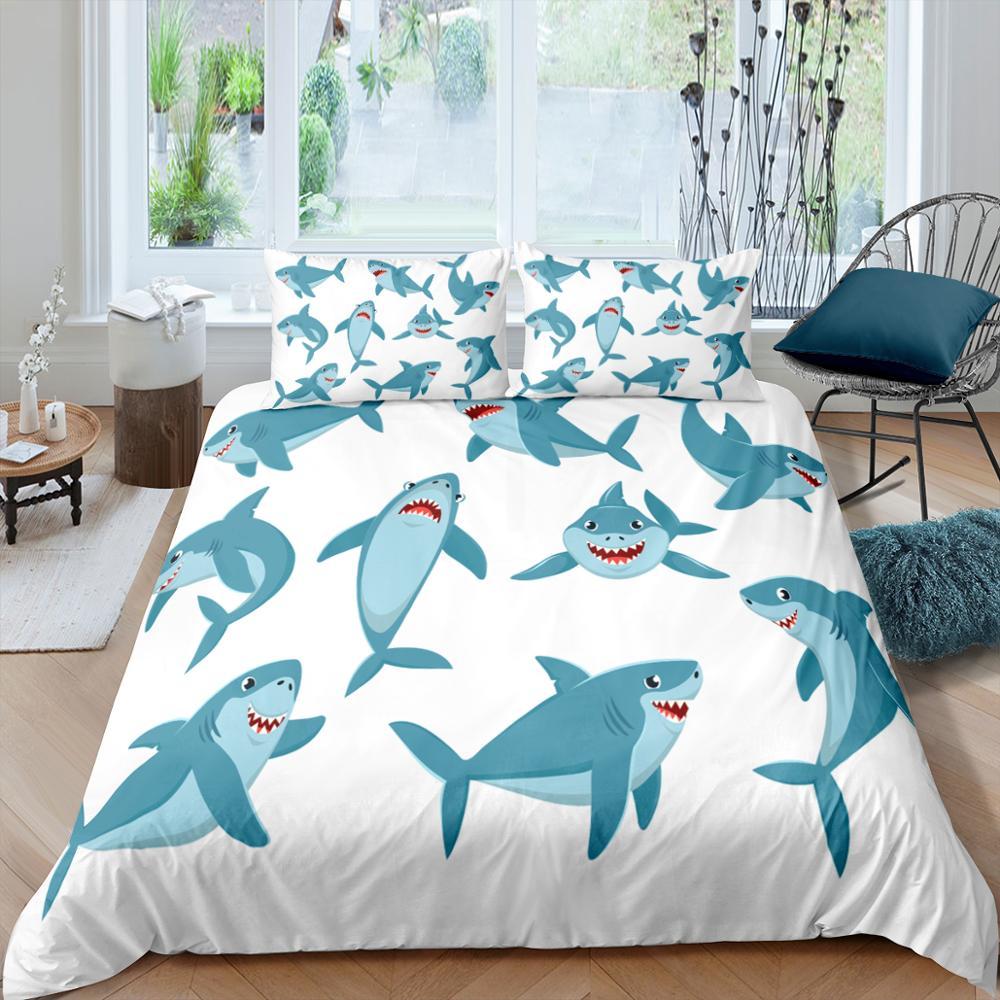 Cartooned Sharks White 3 Pcs Quilted Comforter Set