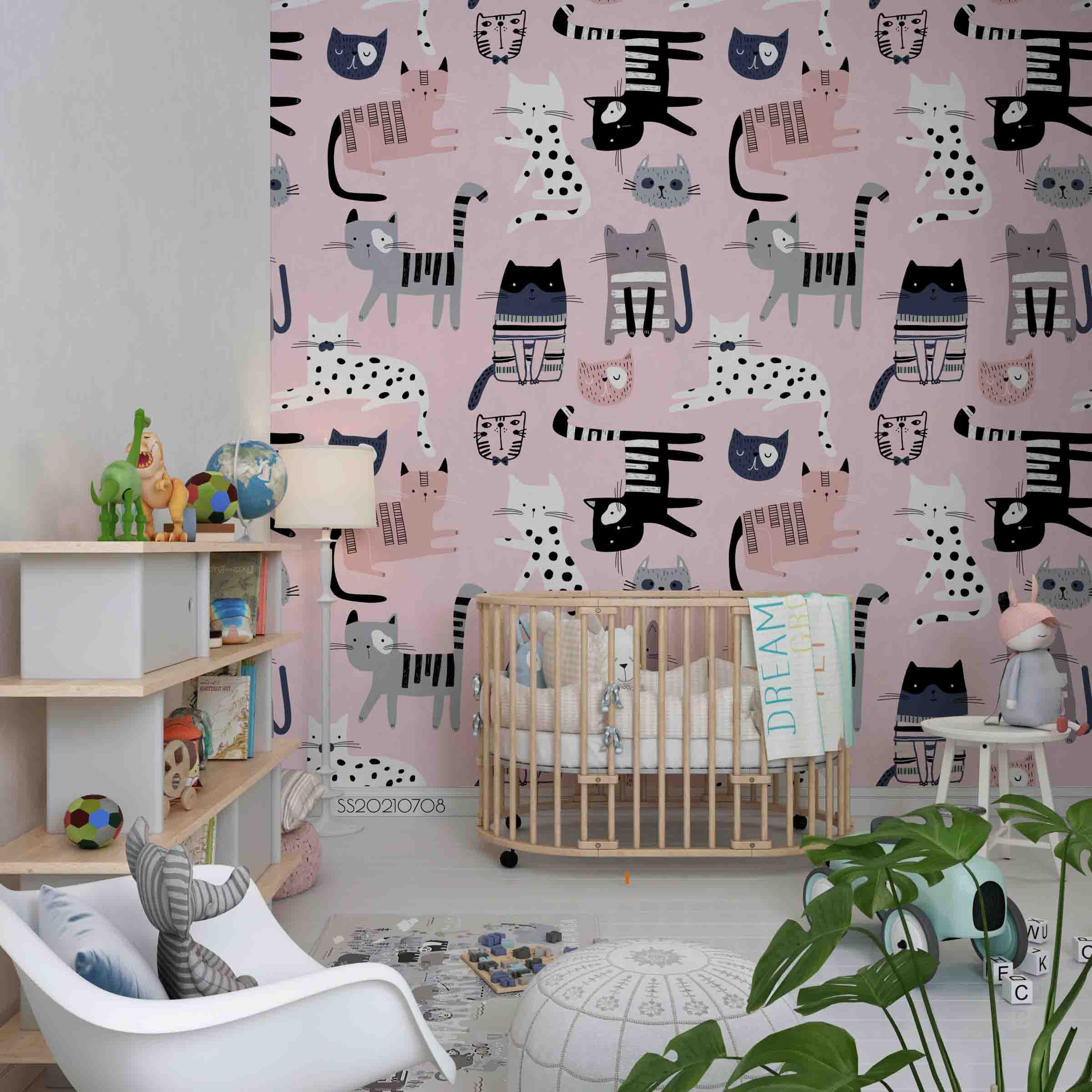 3D Cartoon Pink Animal Cat Wall Mural Wallpaper Lqh 82