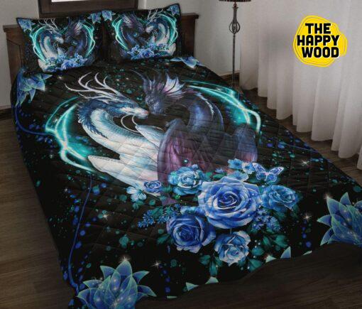 Dragon Couple Flower Blue Quilt Bed Set And Pillow Covers