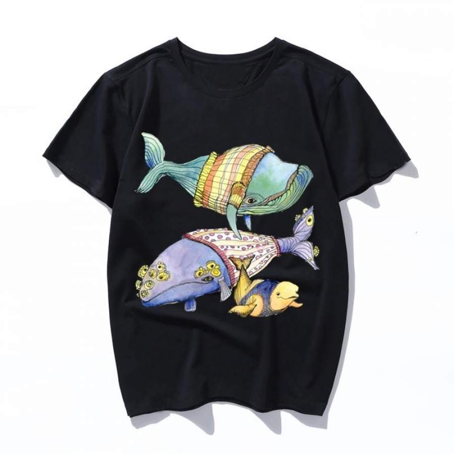 whales in sweaters Black T Shirt Japanese Fashion Aesthetic T-Shirt 90s Kawaii Tee Short Sleeve for men and women