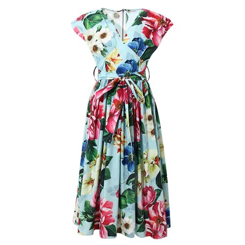 Women Summer Fashion Casual Customize Plus Size 3XS-10XL Retro Vintage Peony Flower Printing Long V Neck High Waist A Line Dress alx