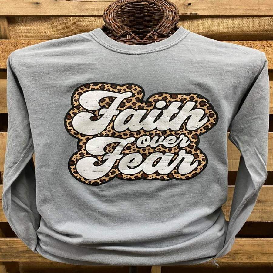 Southern Chics Apparel Leopard Faith Over Fear Christian Comfort Colors Long Sleeve T Shirt