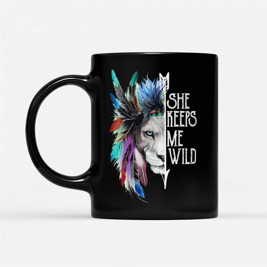 She Keeps Me Wild Lion Graphic Love Couple Valentine – Black Mug