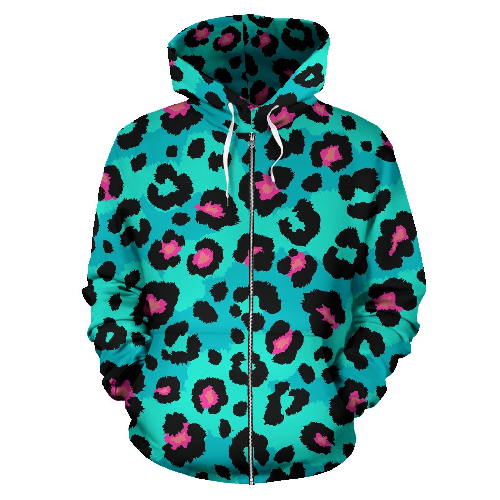 Green Leopard Skin Print Pattern Zip Up Hoodie