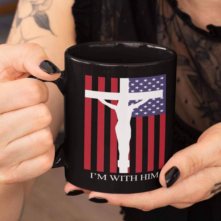 I am with Him cross and American flag coffee mug