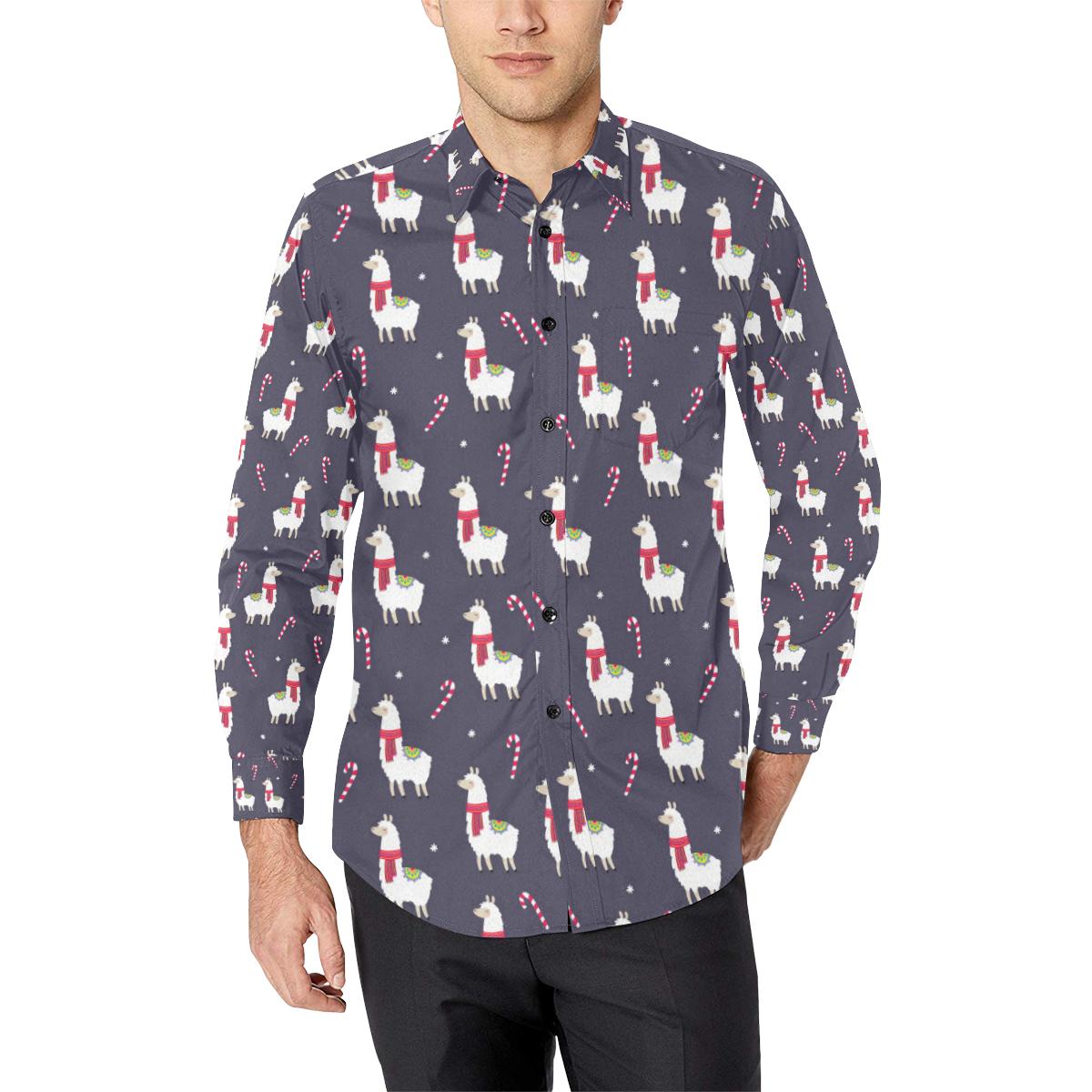 Llama with Candy Cane Themed Print Long Sleeve Dress Shirt