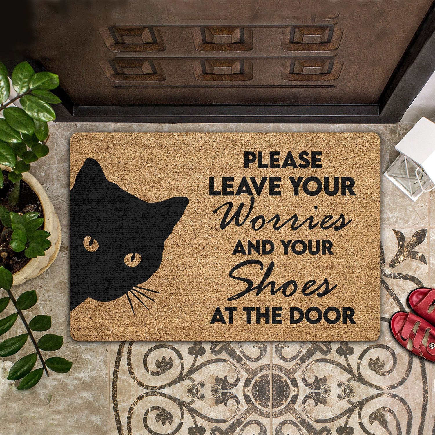 Please Leave Your Worries And Your Shoes Cat Doormat | Colorful | Size 8X27” 24X36”