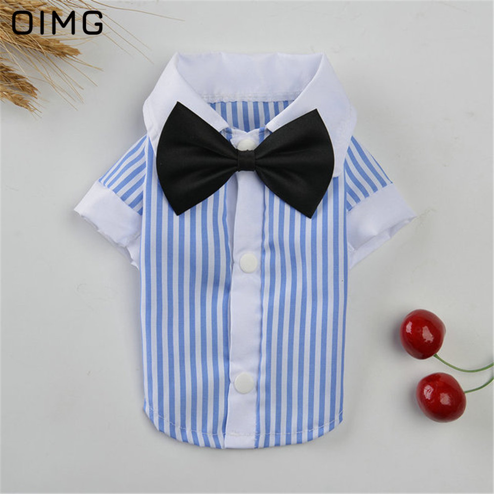 OIMG Summer Puppy Clothes Pomeranian Chihuahua Teddy Couples Blue Pet Garment Gentleman Boy Dog Shirts Fancy Stripes Dog Dresses alx