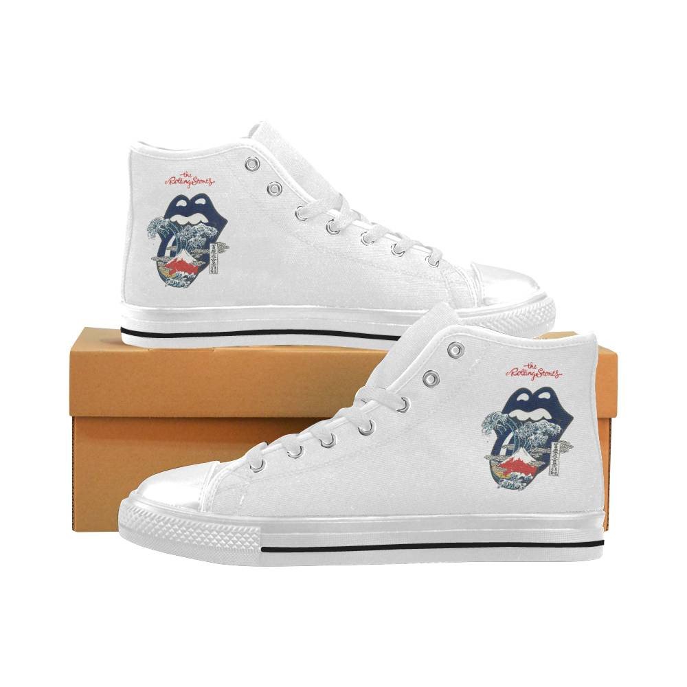 The Rolling Stones Big Tongue Great Wave Fuji Mountain Tattoo Japan Style Canvas Shoes,Low Top, High Top, Sport Shoes – All White