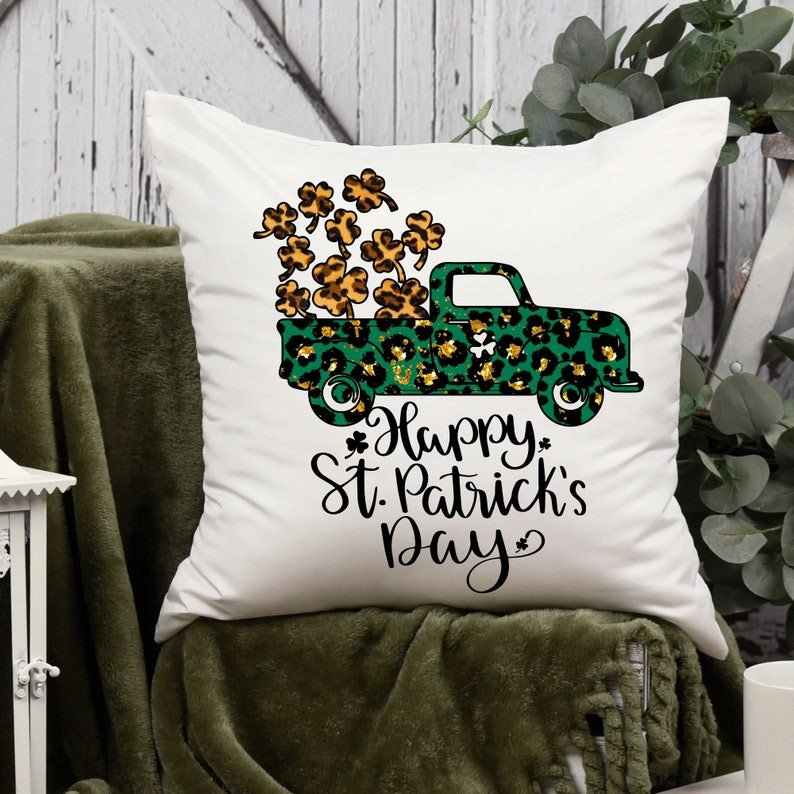 St. Patrick’S Day Farmhouse Green Truck Pillow, Shamrock Truck, Throw Pillow, St. Patrick’S Day Decor, Luck Decor, Leopard Shamrocks