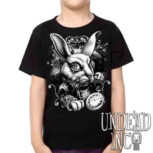 Alice In Wonderland White Rabbit Black & Grey – Kids Unisex Girls And Boys T Shirt