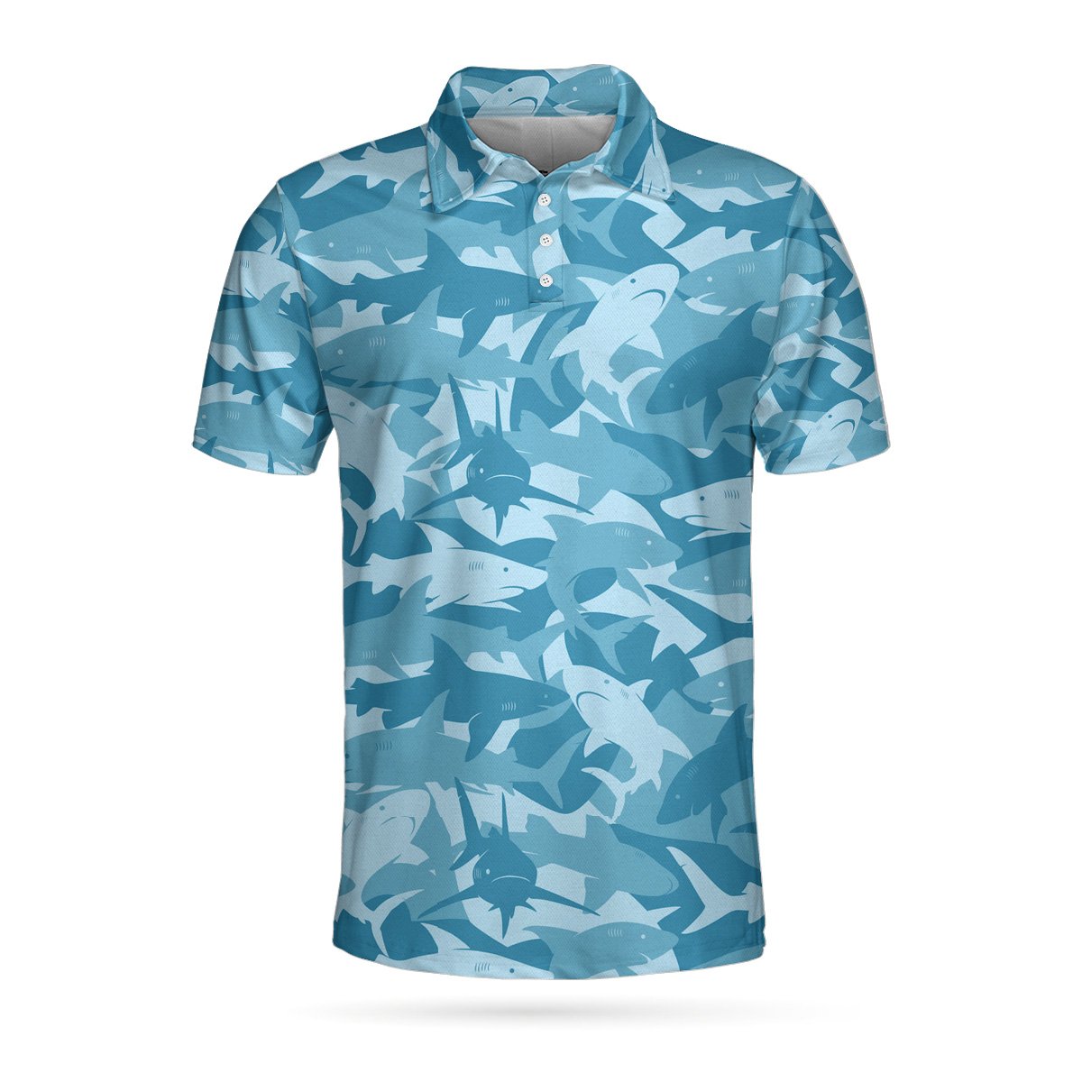 Camouflage Ocean Shark Pattern Short Sleeve Polo Shirt, Camo Aqua Polo Shirt, Best Shark Shirt For Men