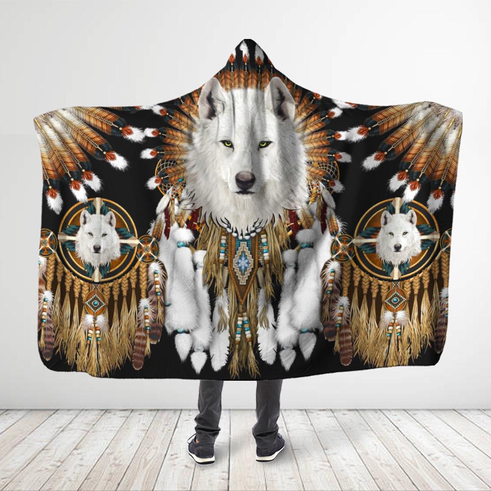 ViticStore™ Native American Wolf 3D All Over Printed White Wolf King Hooded Blanket